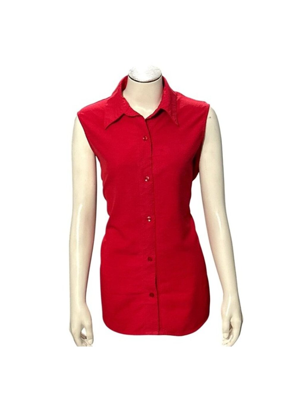 Sleeveless Small Red Button Down Collared Top Loose Fit Office Casual Retro